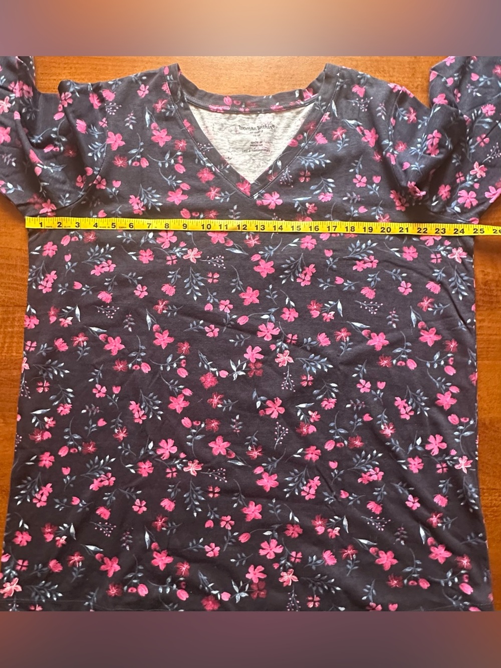 Woman Within•2 tops•button-down blouse/long-sleeve tee•18/20 L•black/pink•floral - Picture 13 of 16
